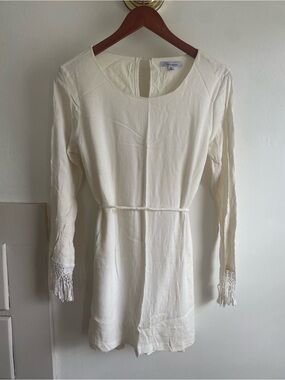 Cream Gauzy Minidress with Crochet Fringe Cuffs